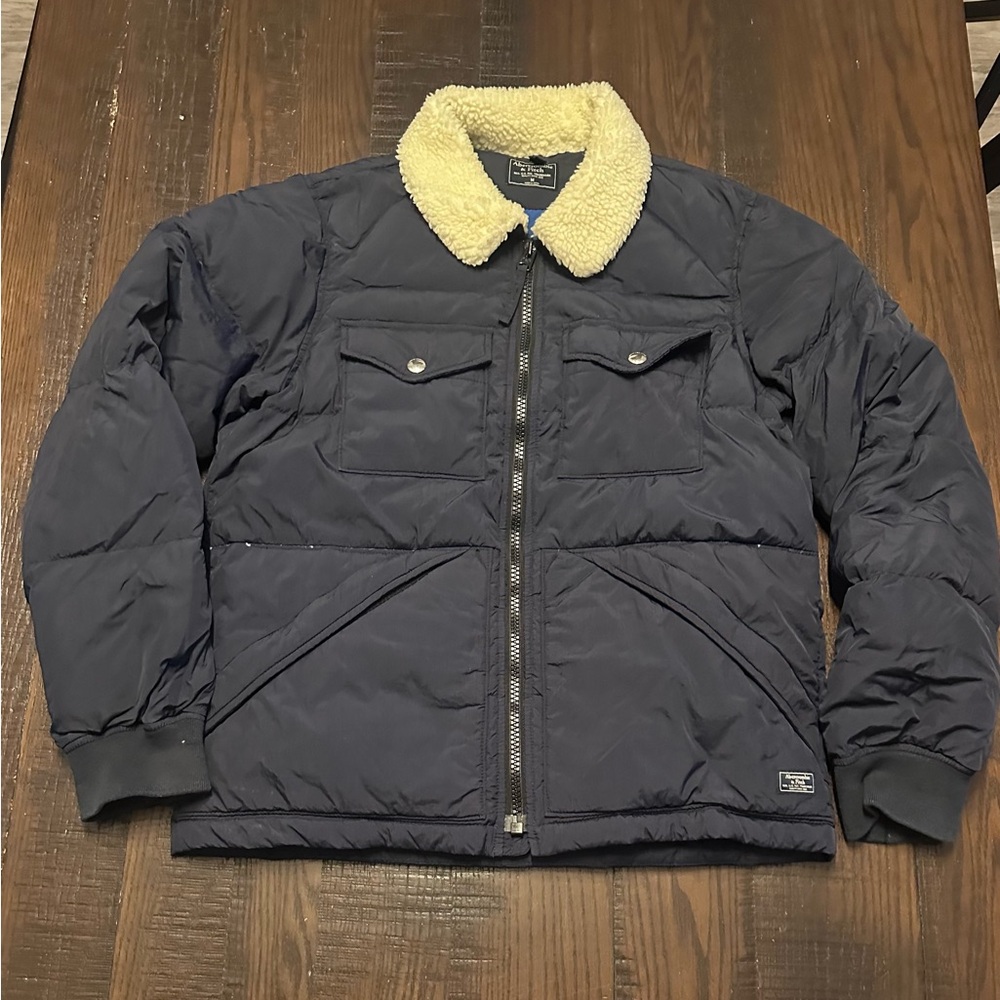 Abercrombie & Fitch Flight Bomber Puffer Jacket With Sherpa Collar Medium Navy